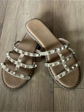 Nude Studded Strappy Flat Sandals Gold Pyramid Studs
